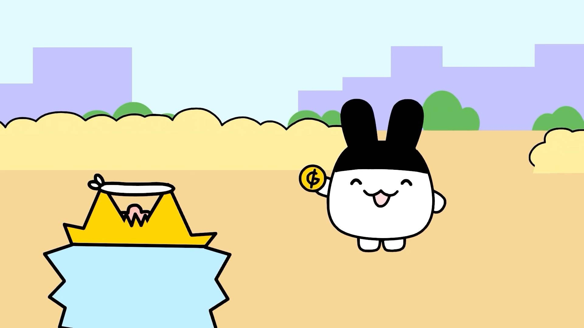 Happy Tamagotchi character holding coin near treasure chest in colorful outdoor animation scene setting