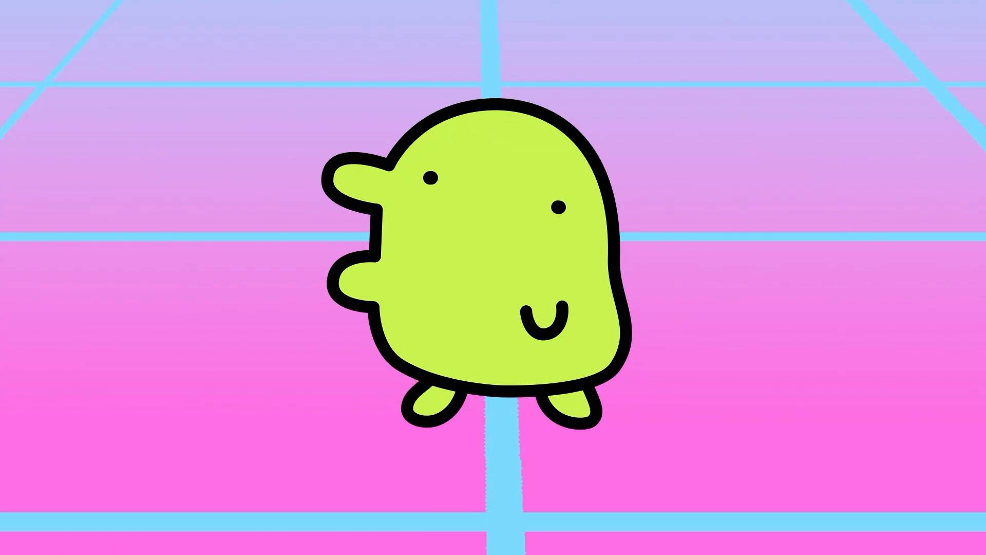 Green Tamagotchi character with happy smile on vibrant pink and purple geometric background scene