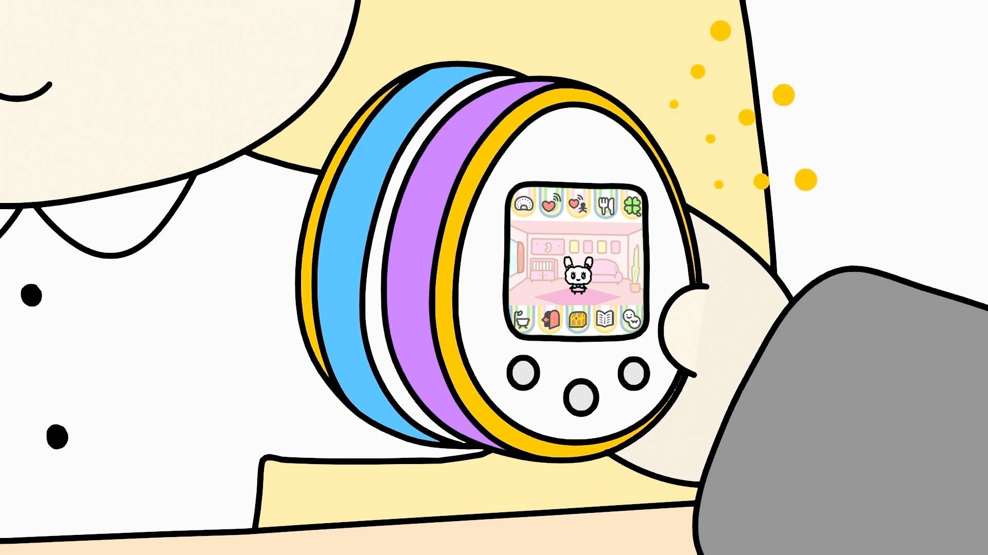 Colorful Tamagotchi virtual pet device held in hand showing character on screen in Tama Animation scene
