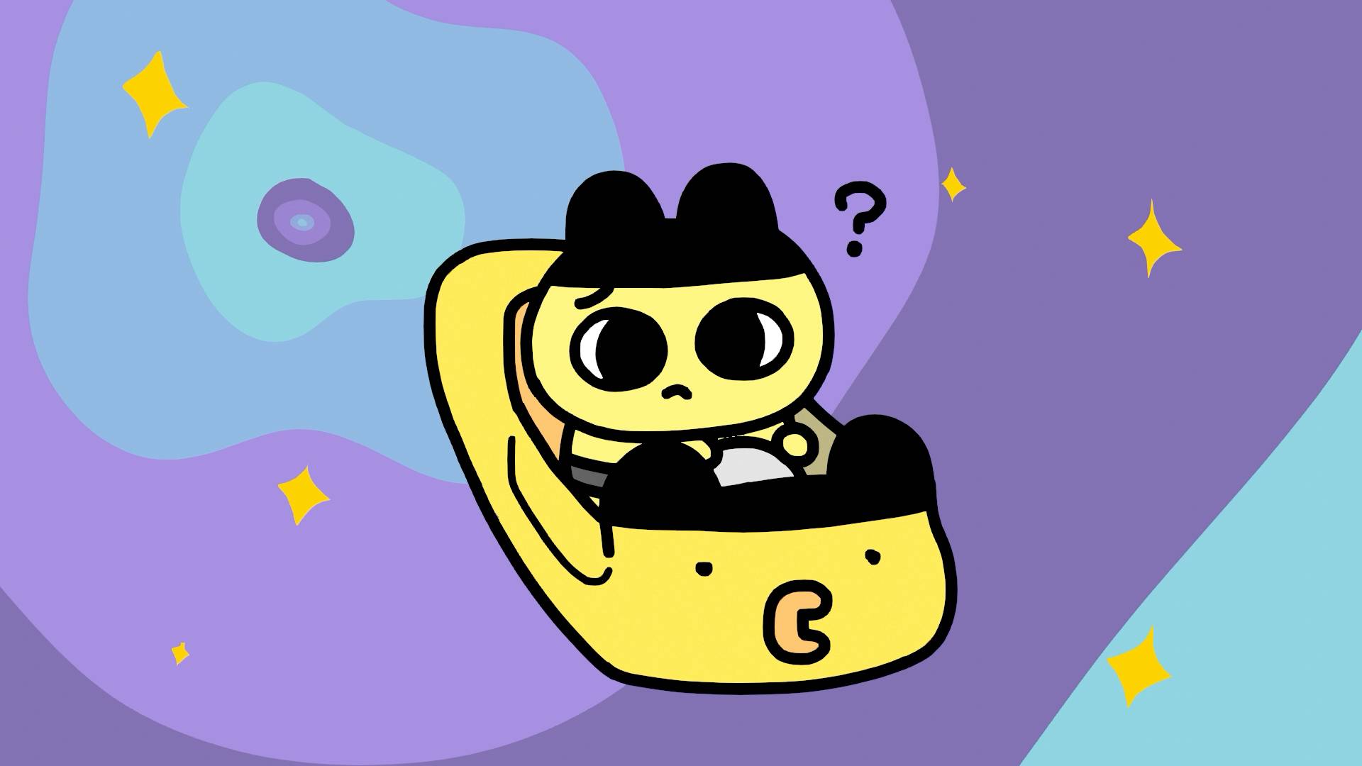 Tamagotchi character piloting yellow spaceship with question mark in colorful space animation scene