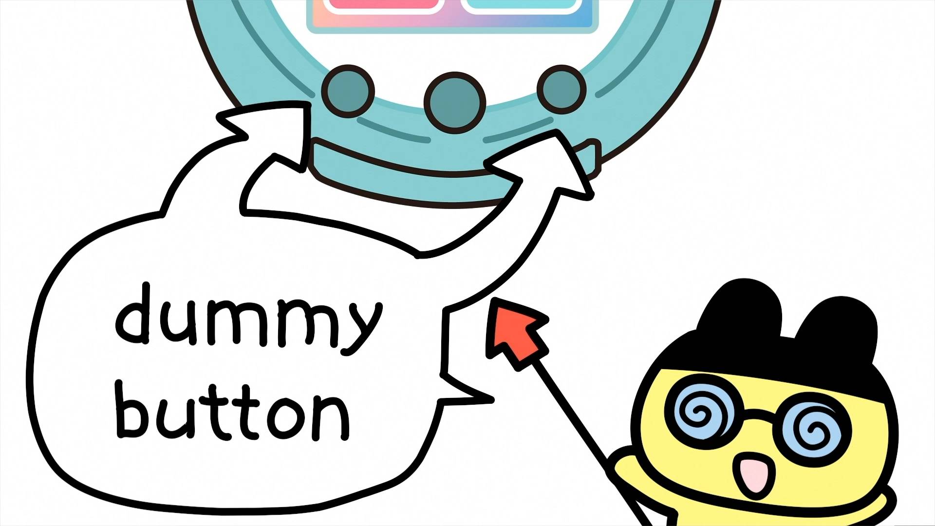Mametchi Tamagotchi character with spiral eyes near device screen displaying dummy button