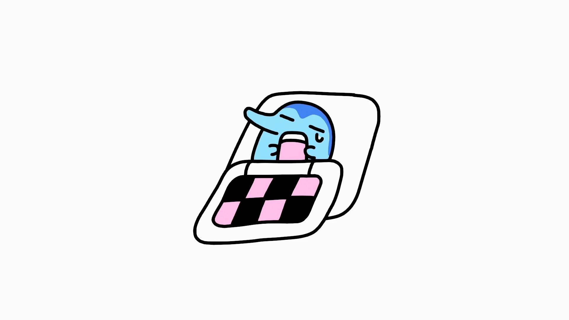 Blue Tamagotchi character sleeping in bed with blanket - Tama Animation Episode 8 thumbnail YouTube series