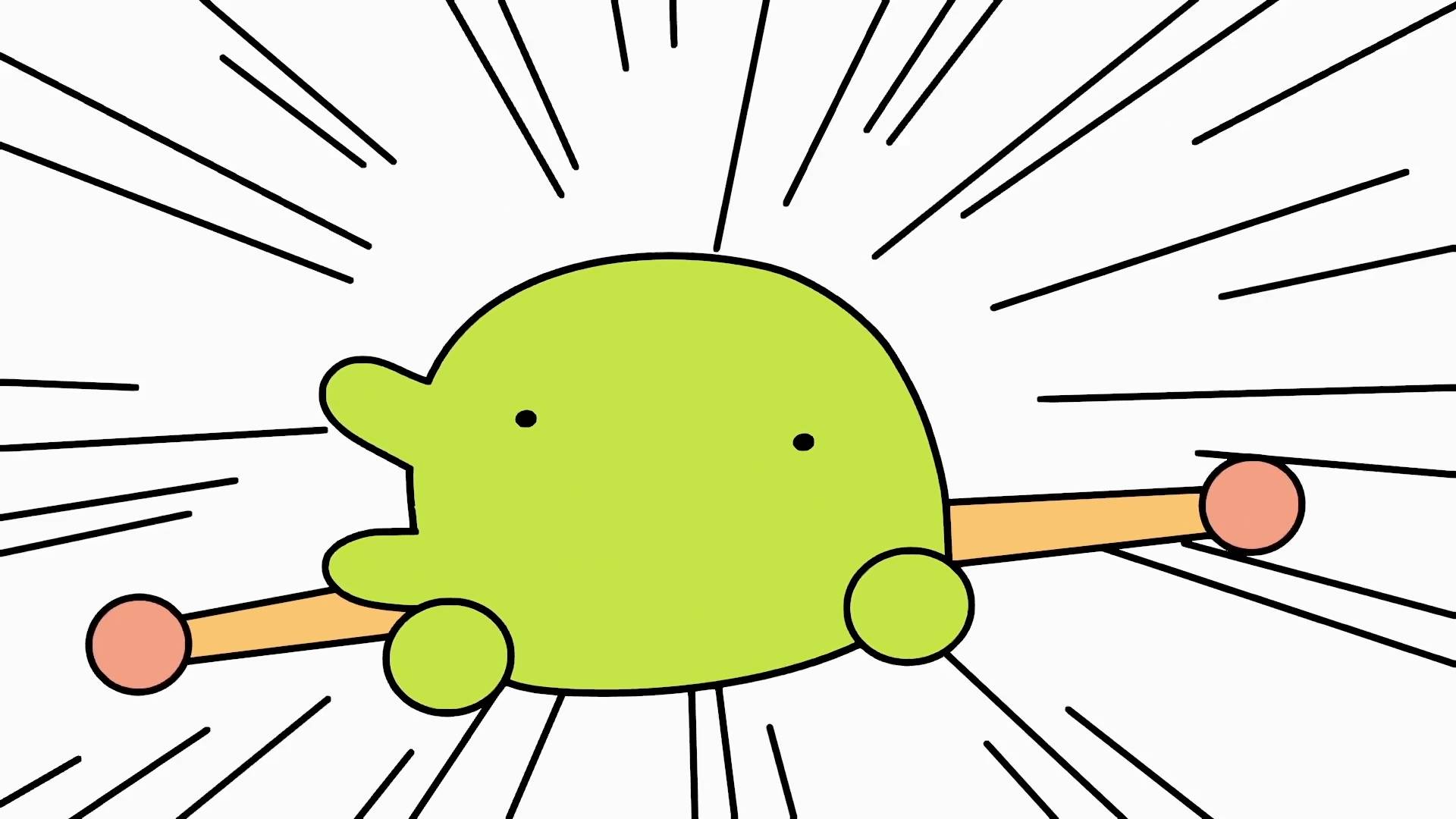 Green Tamagotchi character juggling with dynamic action lines - Tama Animation Episode 9 thumbnail YouTube series