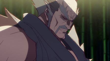 Tekken Bloodline episode 2 Netflix anime series Heihachi Mishima character close-up portrait with gray hair and scars