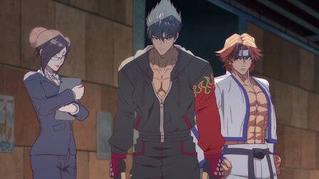 Tekken Bloodline episode 3 Netflix anime series Jin Kazama with two other fighters in urban setting group scene