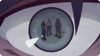 Tekken Bloodline episode 5 Netflix anime series three characters viewed through circular frame with eye-like border design