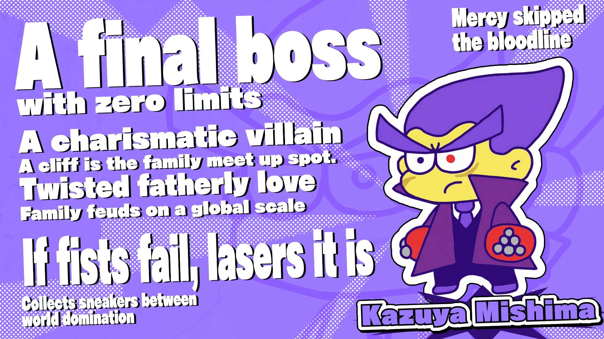 TEKKEN 8 cartoon character introduction art featuring Kazuya Mishima as villainous final boss