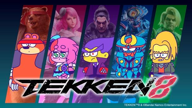 TEKKEN 8 promotional artwork showing six fighters as cartoon characters alongside their in-game counterparts