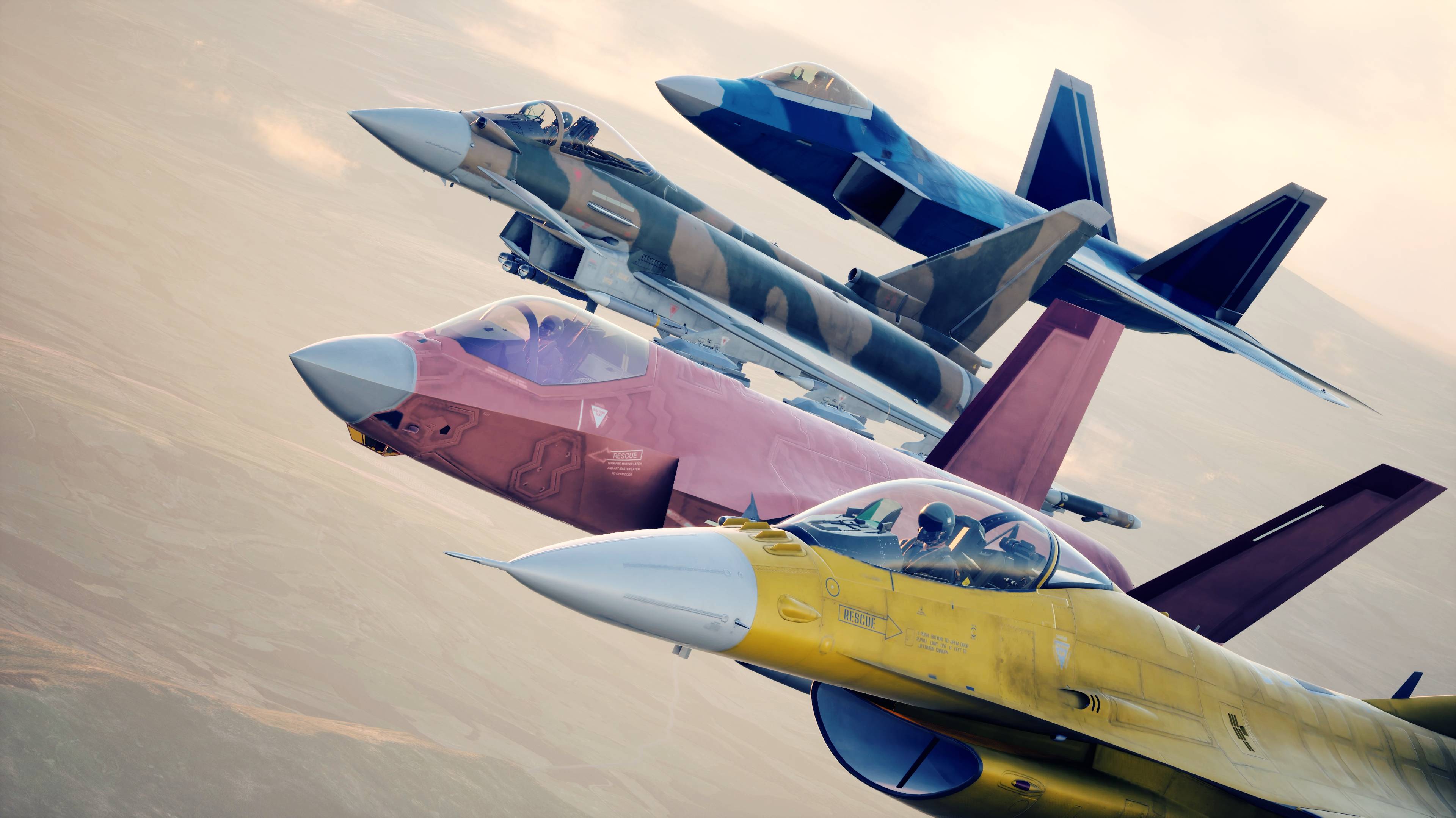 Ace Combat 8 cinematic render of four fighter jets in close formation flight over desert landscape