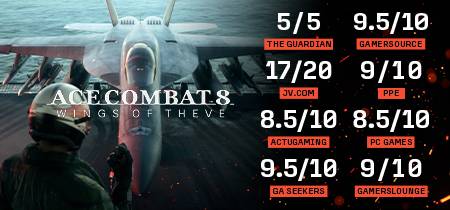 Ace Combat 8: Wings of Theve review scores banner with fighter jet on carrier deck and ratings from press outlets