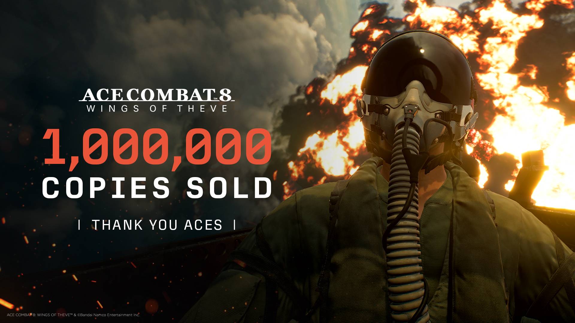 Ace Combat 8: Wings of Theve celebration artwork for 1,000,000 copies sold, showing fighter pilot in helmet and oxygen mask