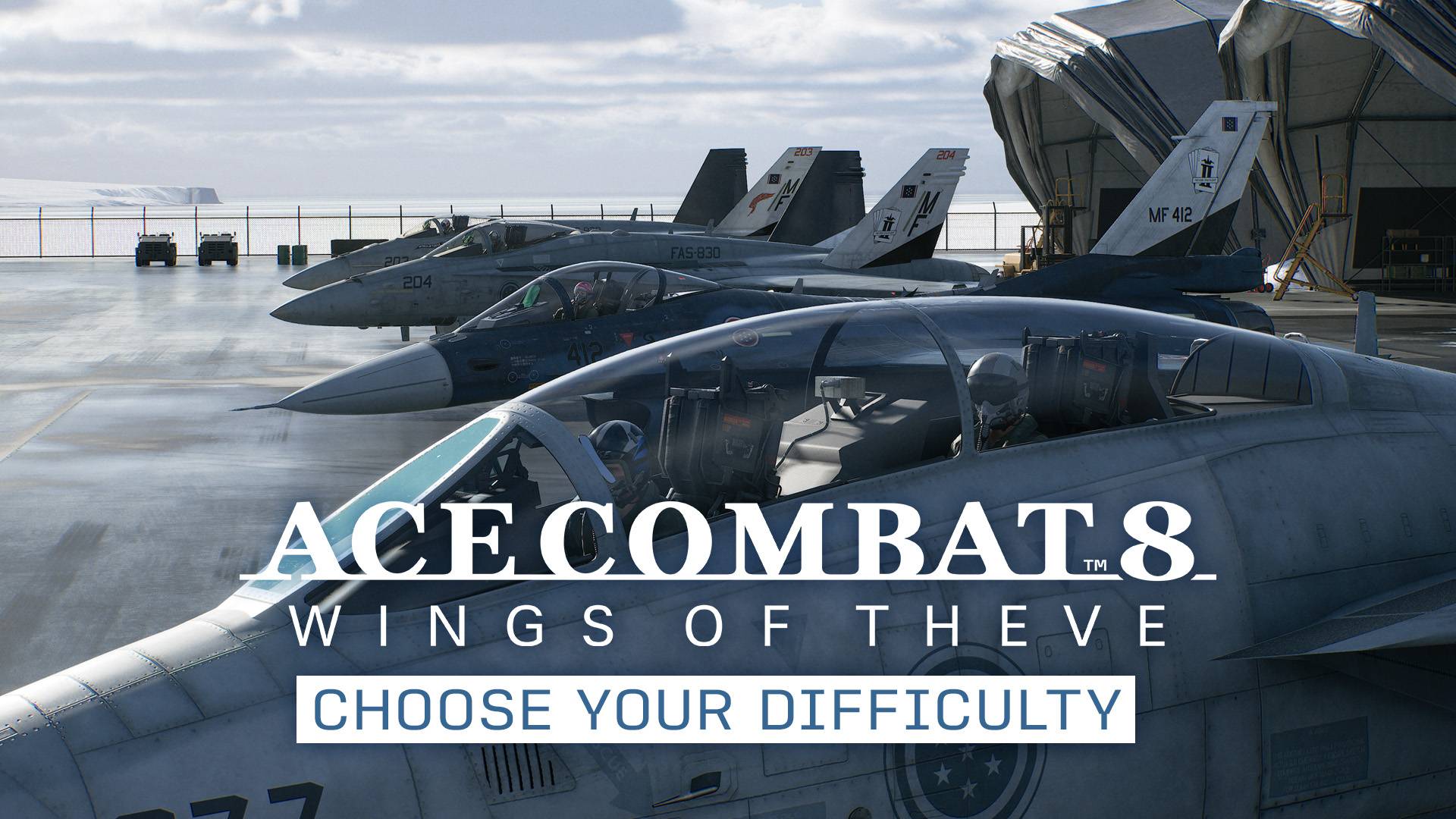 Ace Combat 8: Wings of Theve key art with fighter jets on tarmac, featured for Choose Your Difficulty article