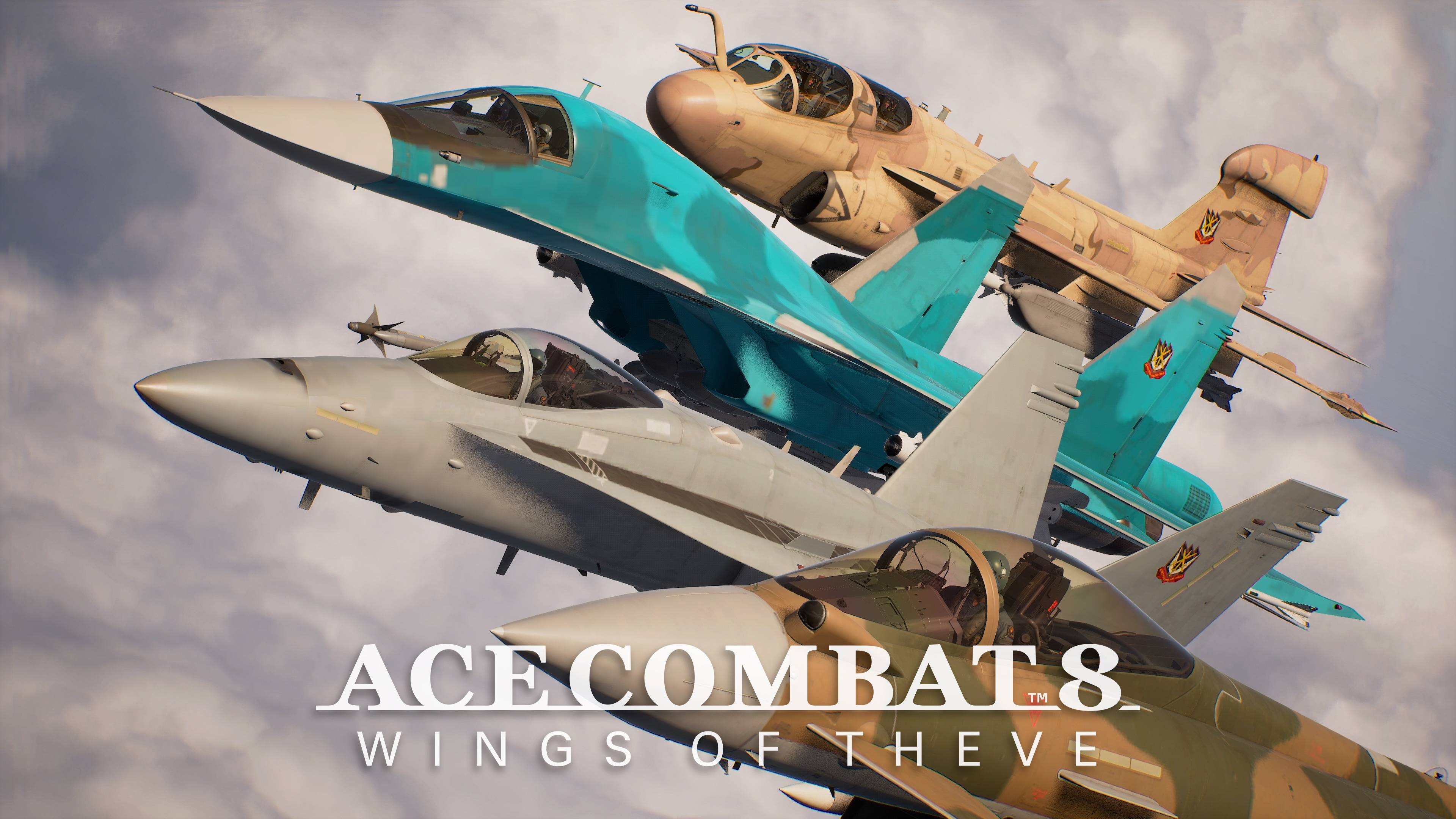 Ace Combat 8: Wings of Theve key art featuring four fighter jets flying in formation above clouds