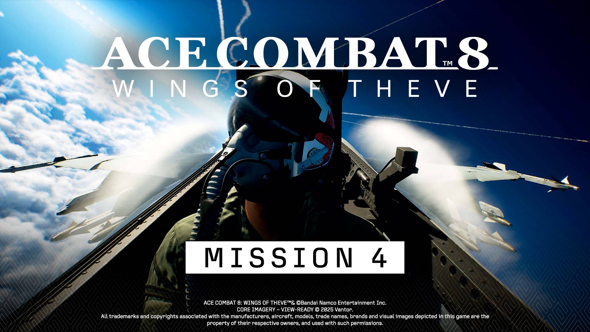 Ace Combat 8: Wings of Theve key art of helmeted pilot in cockpit, Mission 4 title card