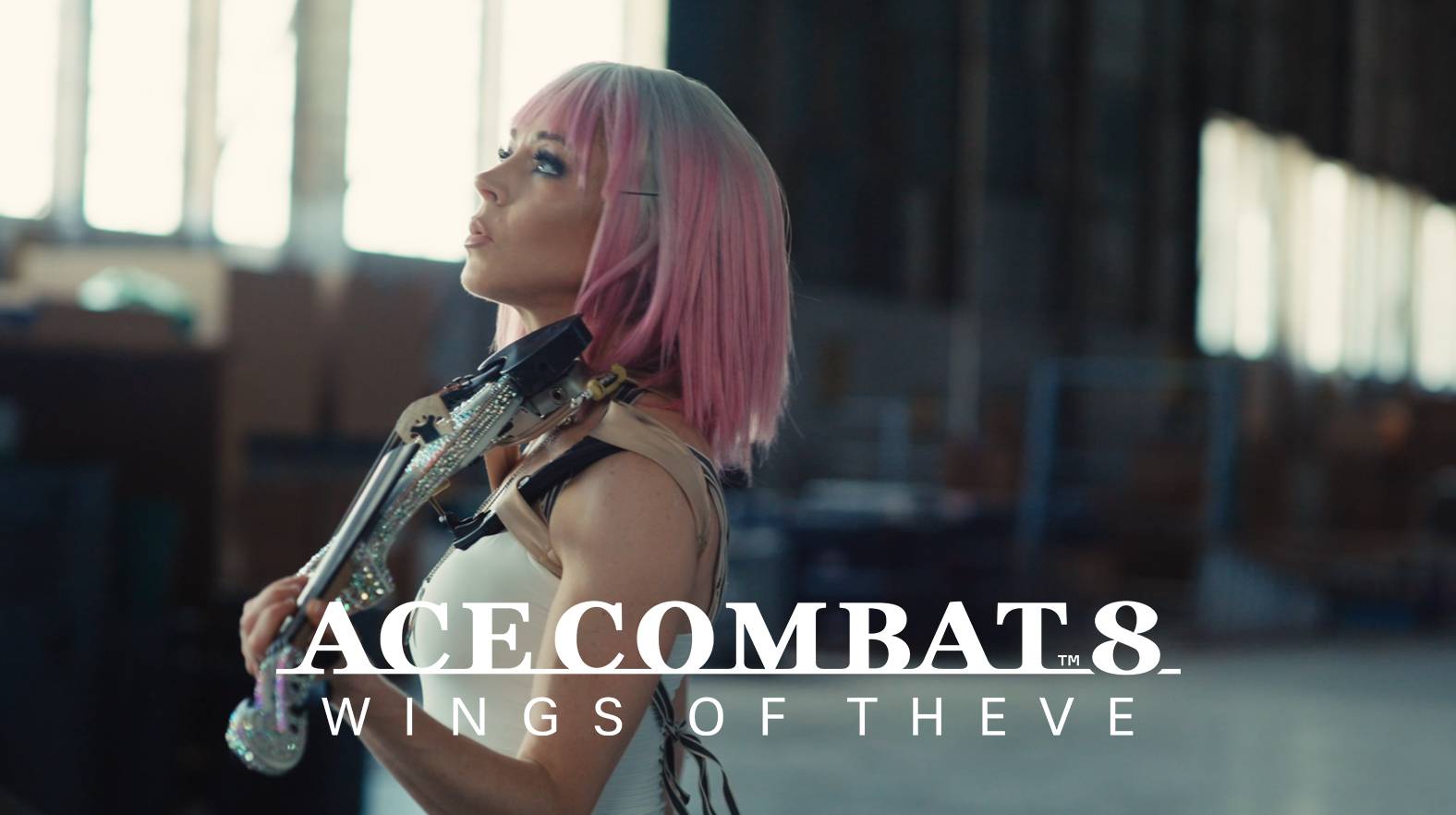 ACE COMBAT 8: WINGS OF THEVE music video still of Lindsey Stirling as Tasha Severskaya holding her jeweled violin