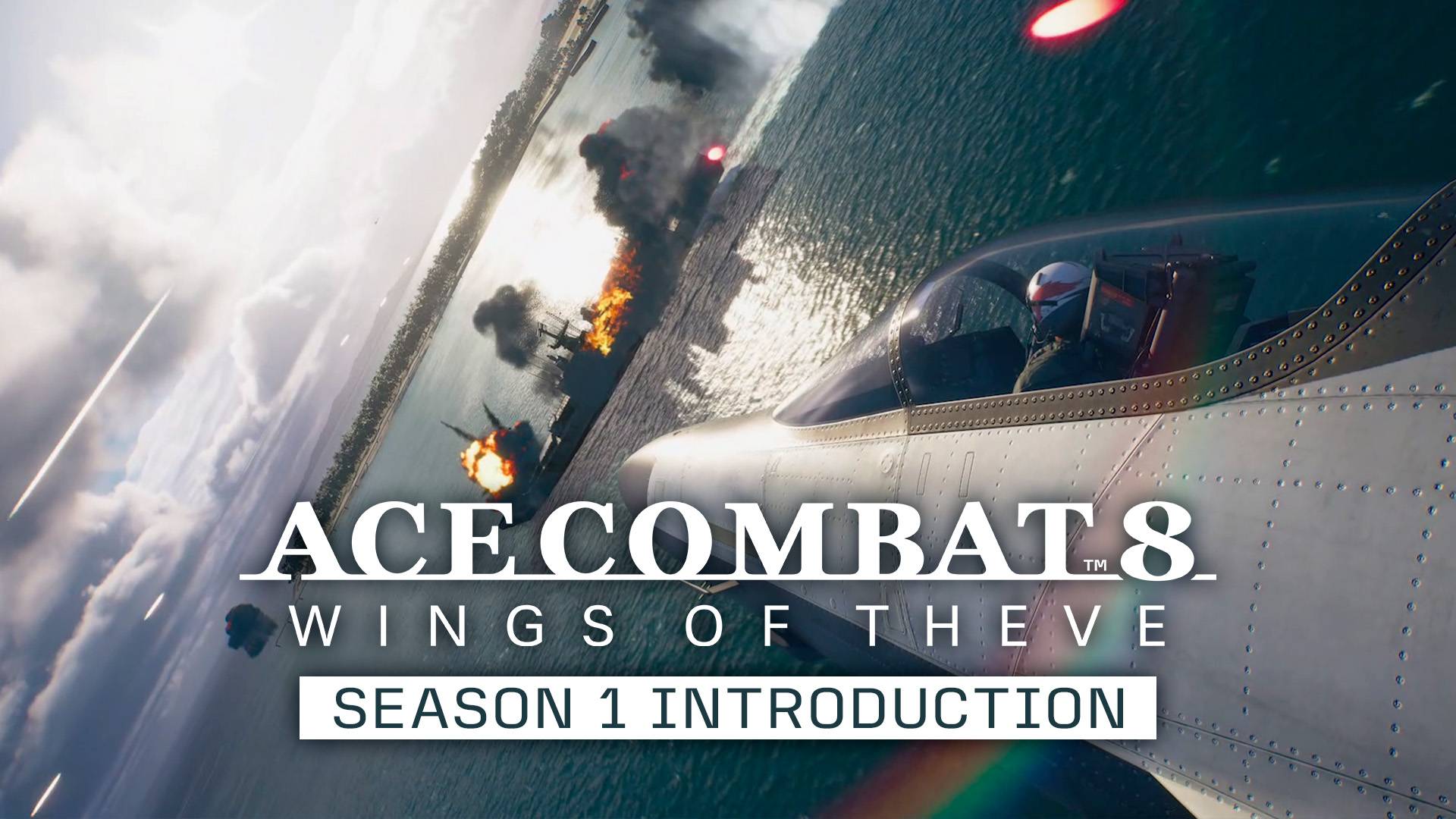 Ace Combat 8: Wings of Theve Season 1 introduction trailer still of fighter jet banking over burning ships at sea