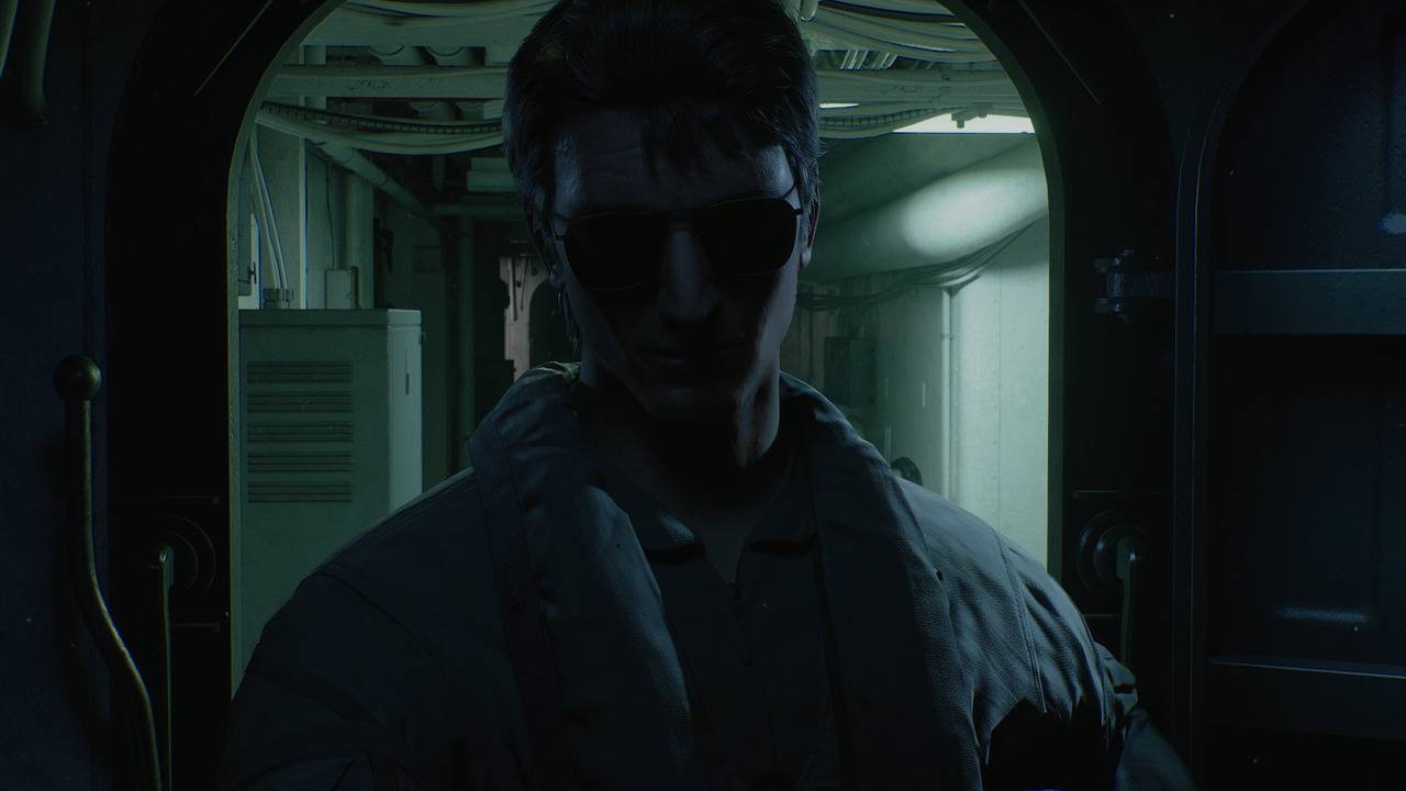 Ace Combat 8: Wings of Theve cinematic close-up of Jan Cope wearing sunglasses in dim corridor