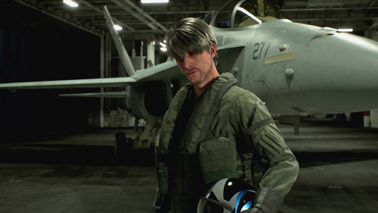 Ace Combat 8: Wings of Theve cutscene of pilot William Coster holding helmet in hangar