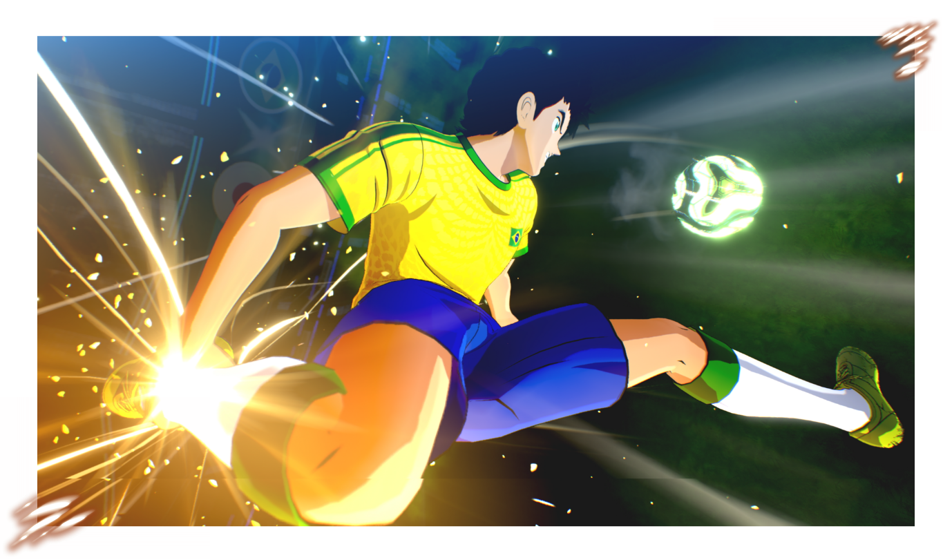 Capture de Captain Tsubasa 2: World Fighters montrant un joueur du Brésil déclenchant un tir puissant lumineux