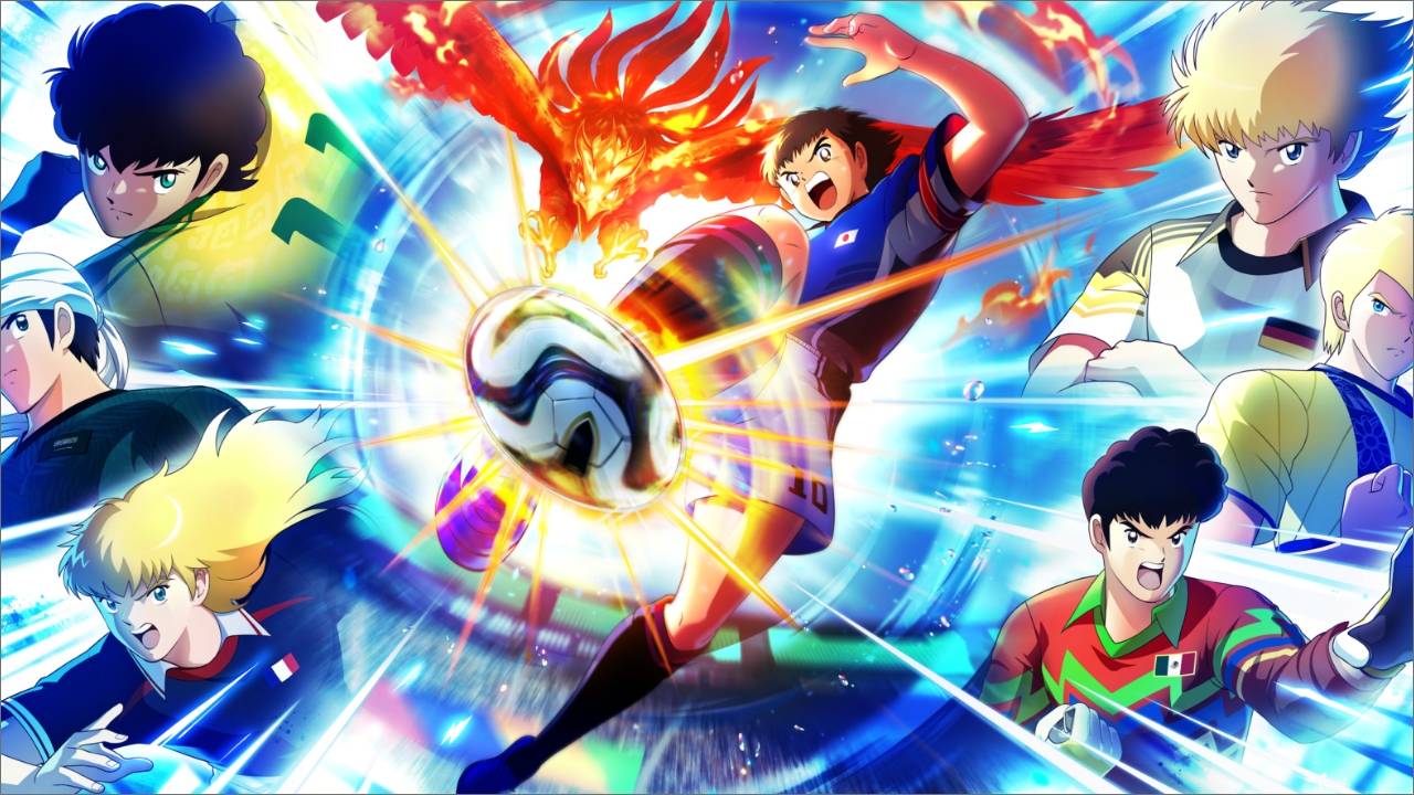 Captain Tsubasa 2: World Fighters key art showing Tsubasa Ozora scoring a fiery phoenix bicycle kick