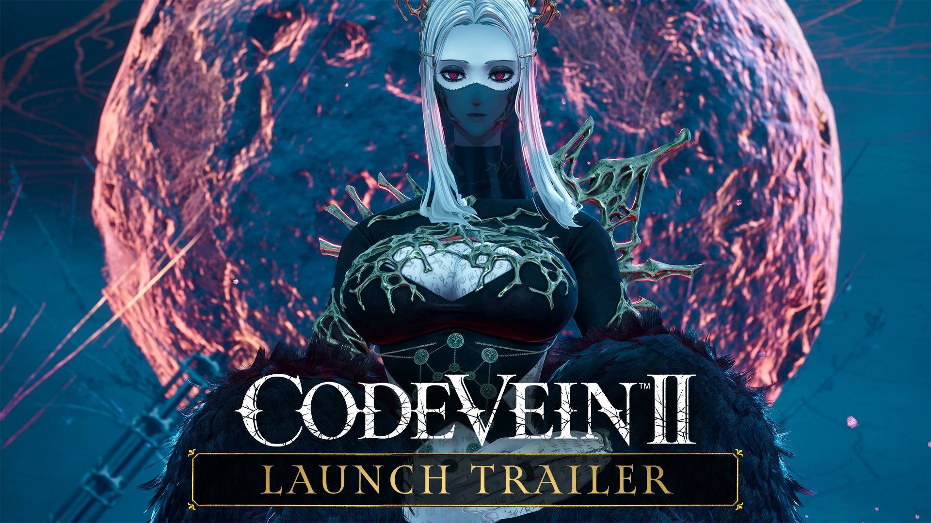 Code Vein II launch trailer featuring Lavinia with white hair and ornate armor against crimson background