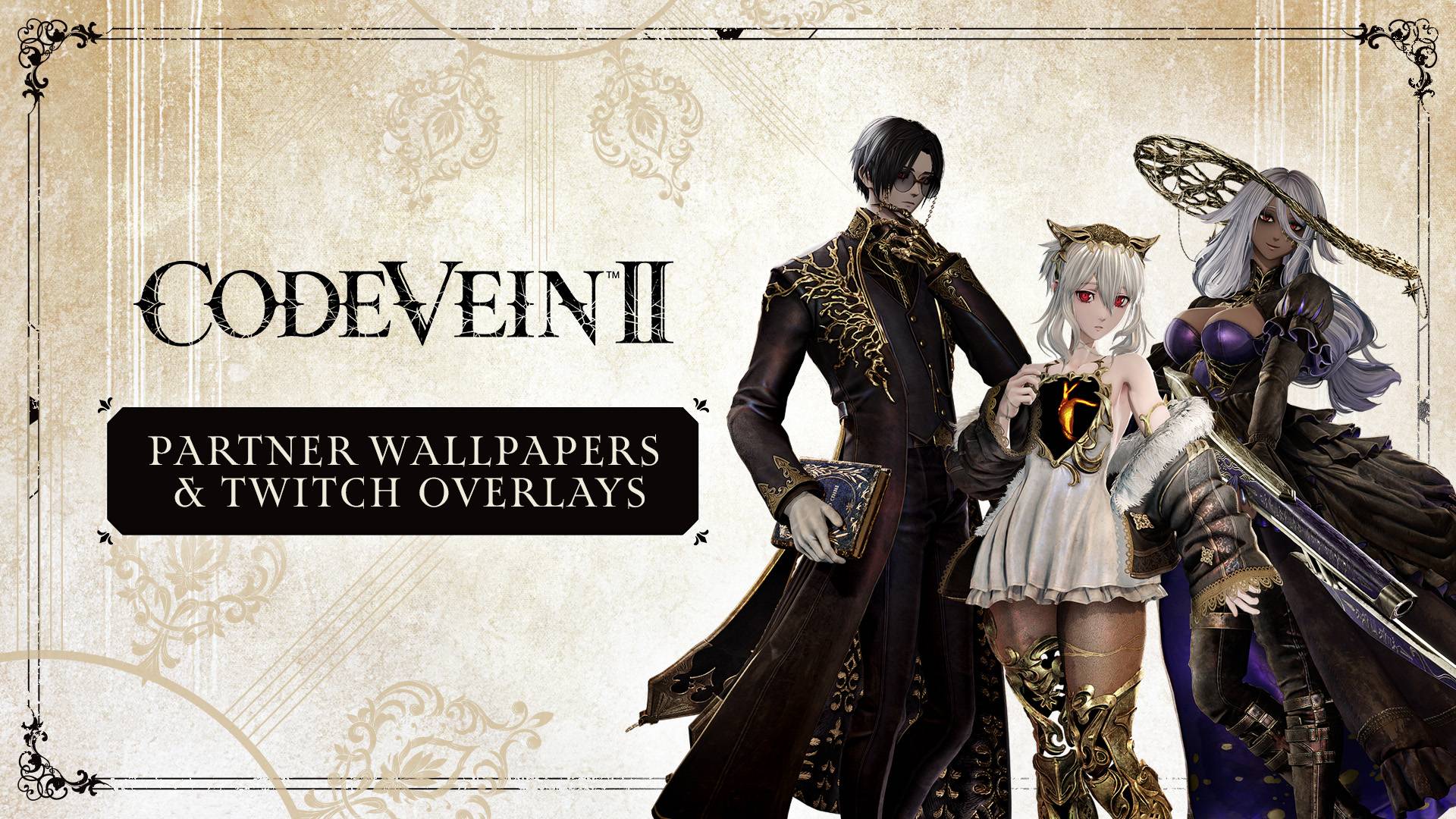 Code Vein II partner wallpapers and Twitch overlays featuring Valentin, Lou, and Holly in ornate gothic attire