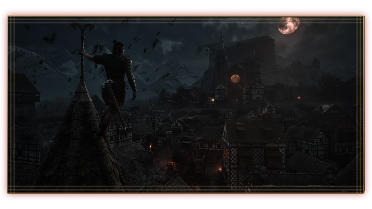 A character overlooking a moonlit town in The Blood of Dawnwalker