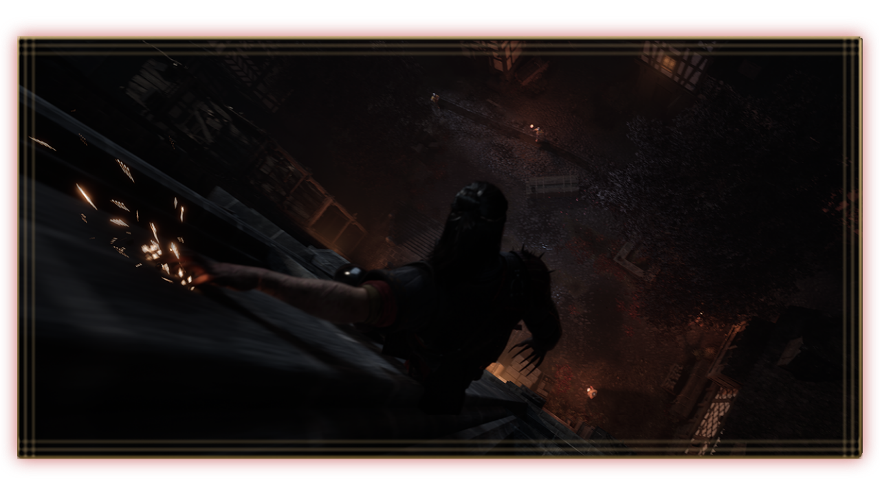 A character descending a wall in The Blood of Dawnwalker