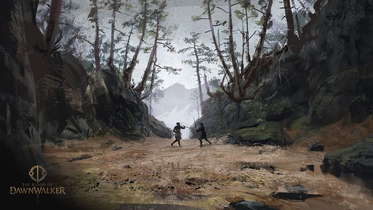 The Blood of Dawnwalker concept art depicting sword duel on forest path between rocky cliffs
