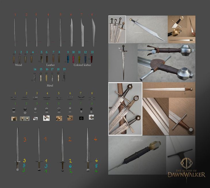 The Blood of Dawnwalker sword design breakdown showing blade shapes, hilts, and reference photos
