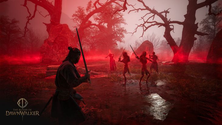 The Blood of Dawnwalker in-game screenshot showing swordsman facing monsters in red mist forest