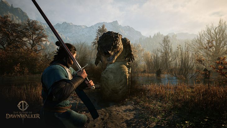 The Blood of Dawnwalker in-game screenshot showing swordsman confronting monster in swampland
