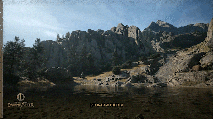 The Blood of Dawnwalker Beta-Gameplay: sonnenbeschienenes Felsgebirgs-Biom mit Flusslandschaft in der Spielwelt