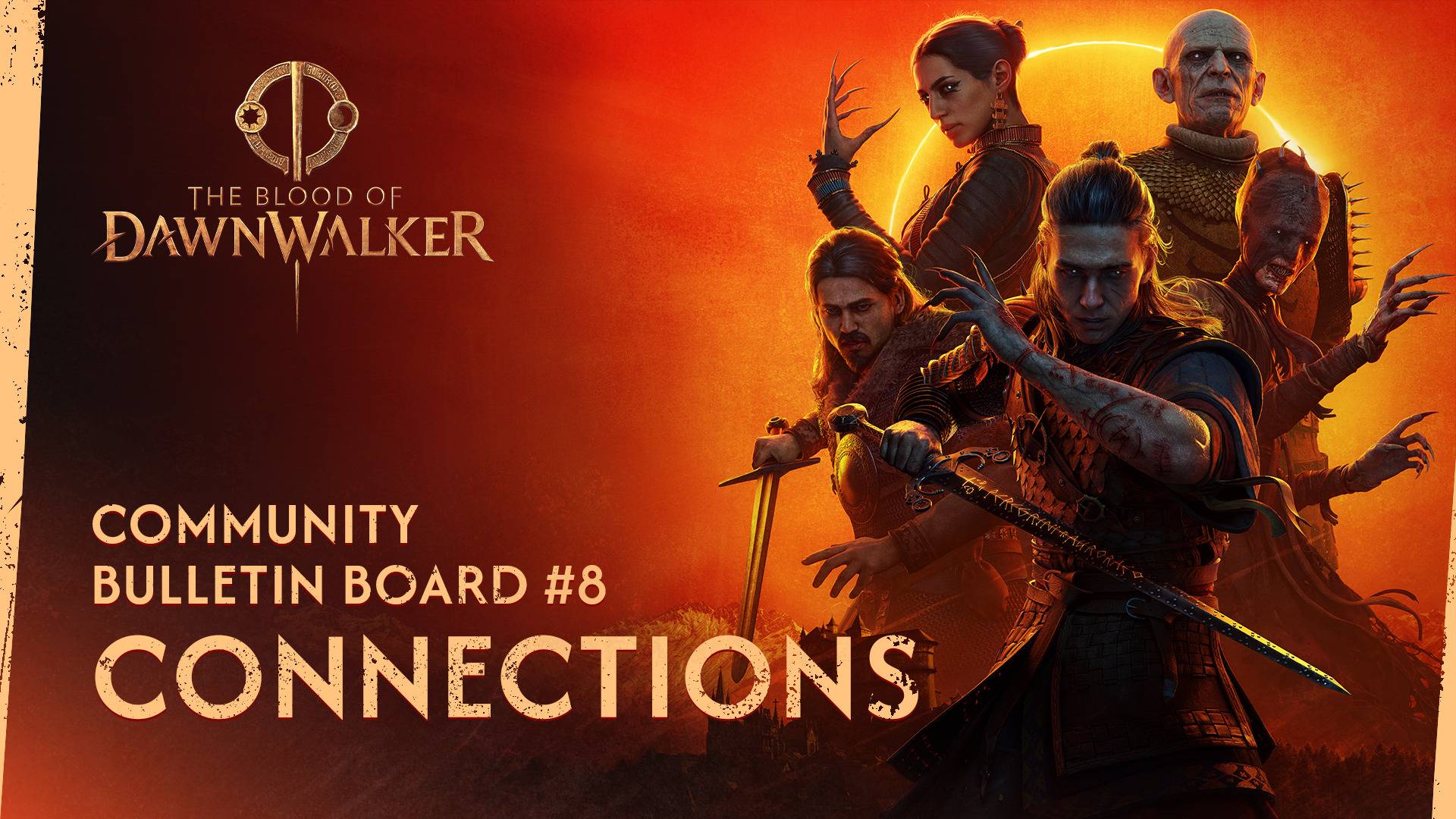 The Blood of Dawnwalker Community Bulletin Board 8 Connections key art featuring four characters in dark fantasy RPG setting
