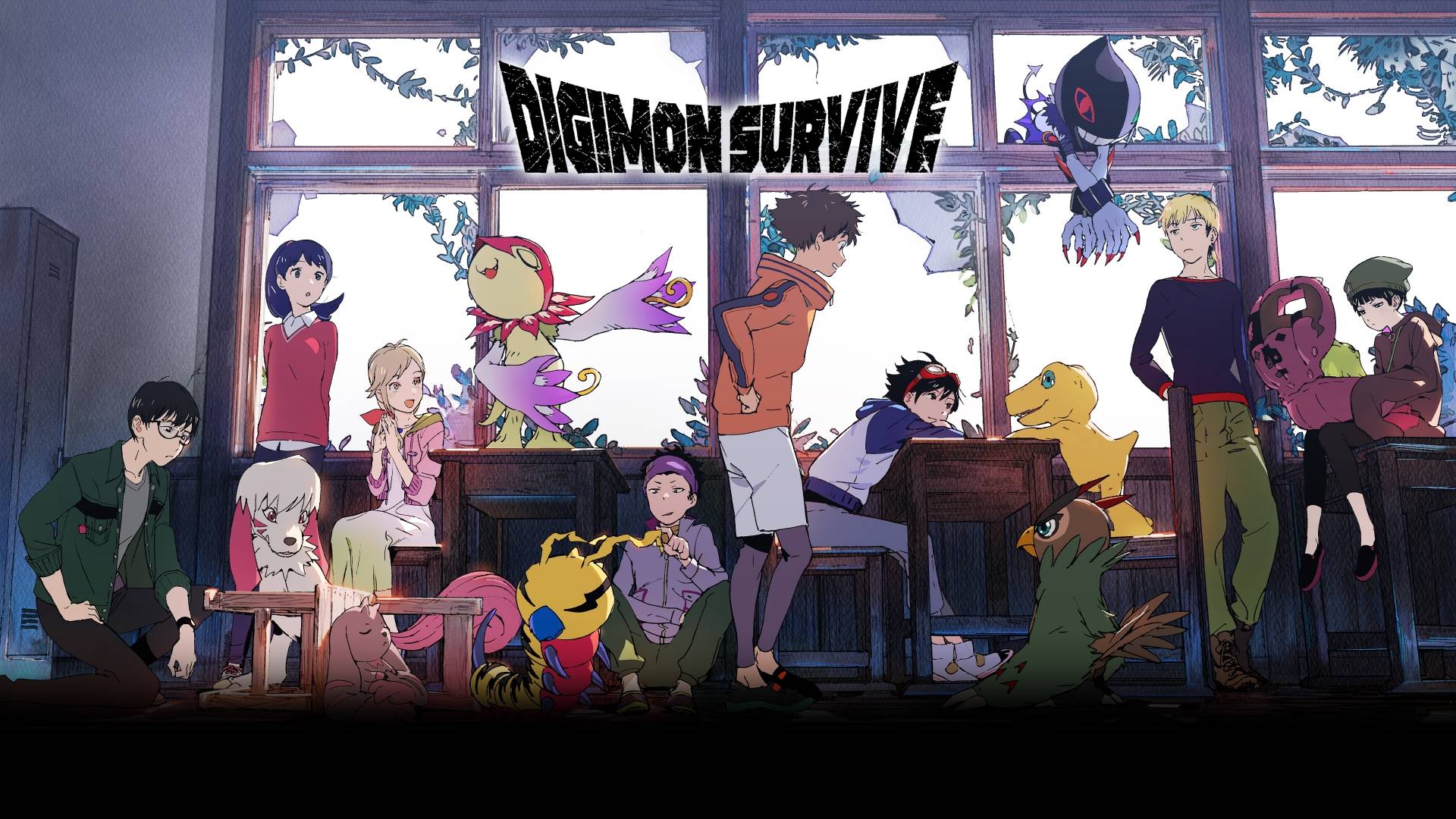 Anime-style classroom scene with multiple students and Digimons interacting inside a sunlit room with large broken windows, creating a lively atmosphere.  
