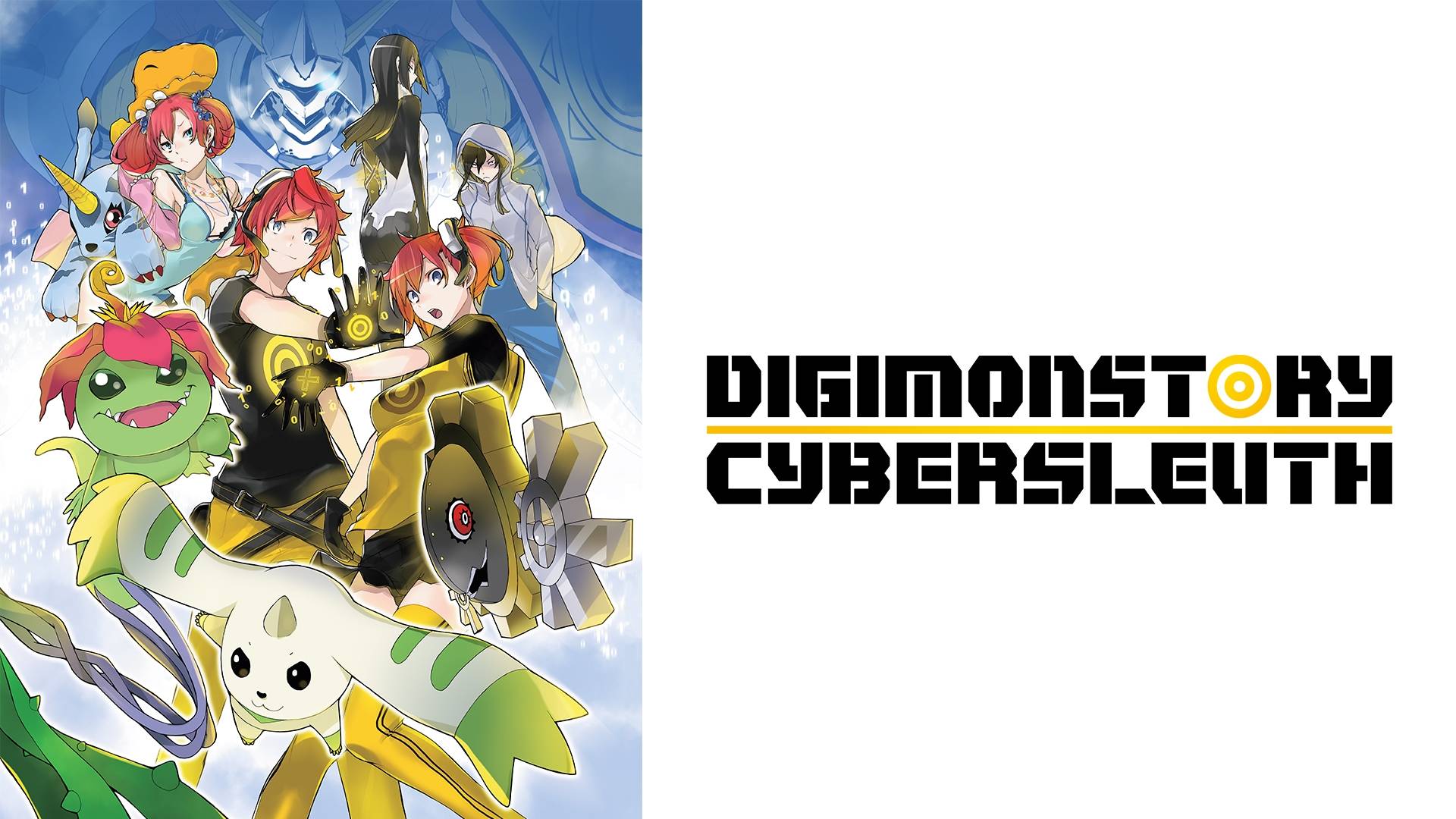 Two anime-style Digimon Story Cyber Sleuth characters with red hair wearing yellow and black digital-themed outfits pose with glowing energy effects around their hands against a blue background filled with abstract data and binary patterns. 