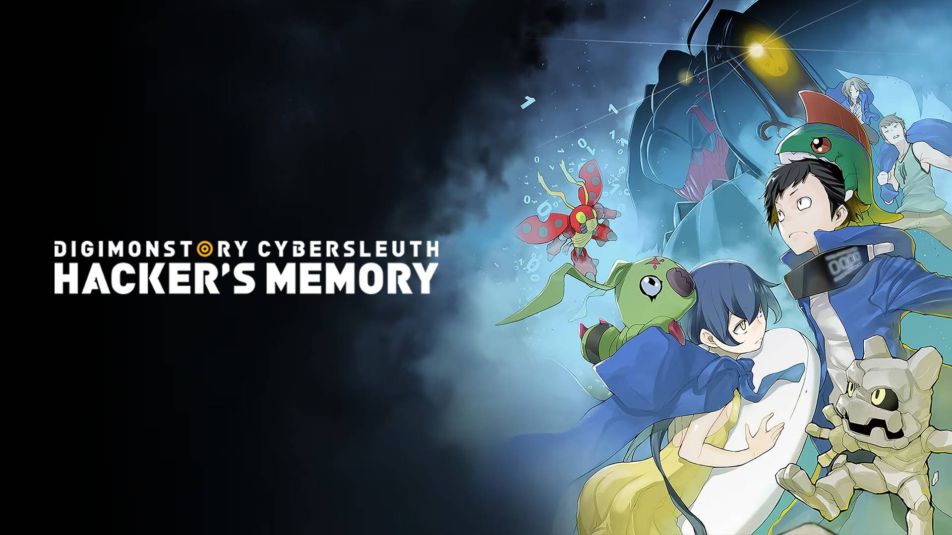 Anime-style illustration of a young boy wearing a long blue and yellow coat standing confidently against a dark digital grid background, with a small orange dinosaur-like Digimon floating beside him surrounded by glowing energy particles.  