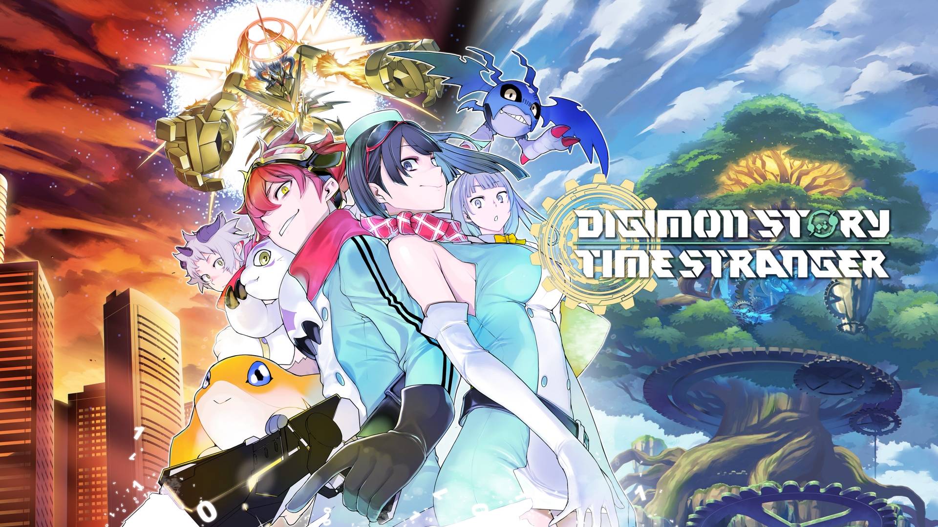 Dynamic anime-style illustration featuring multiple characters and Digimon in a futuristic fantasy setting, with the “Digimon Story Time Stranger” logo centred, a glowing mechanical figure above, and a huge tree rising up in the background. 