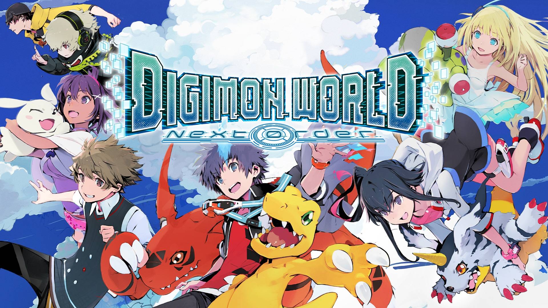 Colourful anime-style illustration of several characters running through a blue sky with clouds, accompanied by Digimons, with the “Digimon World Next Order” logo in the centre.