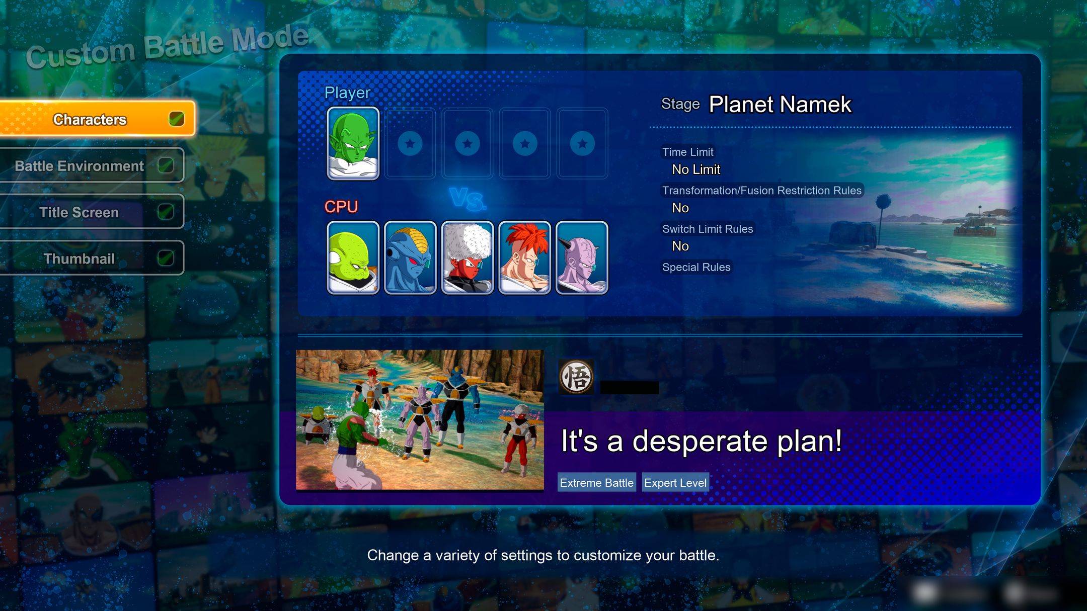 DBSZ Custom Battle Edit Menu Page