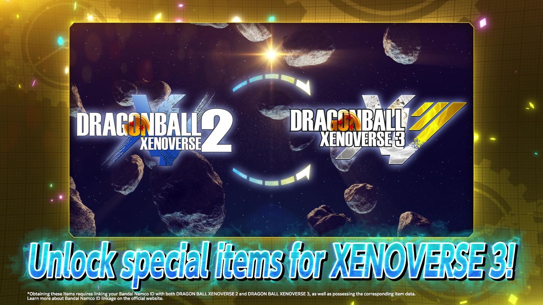 Dragon Ball Xenoverse 2 and Xenoverse 3 logos linked by arrows among asteroids to unlock special items