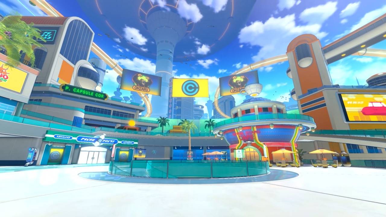 Dragon Ball Xenoverse 3 futuristic hub city screenshot featuring Capsule Corp shops and monorail