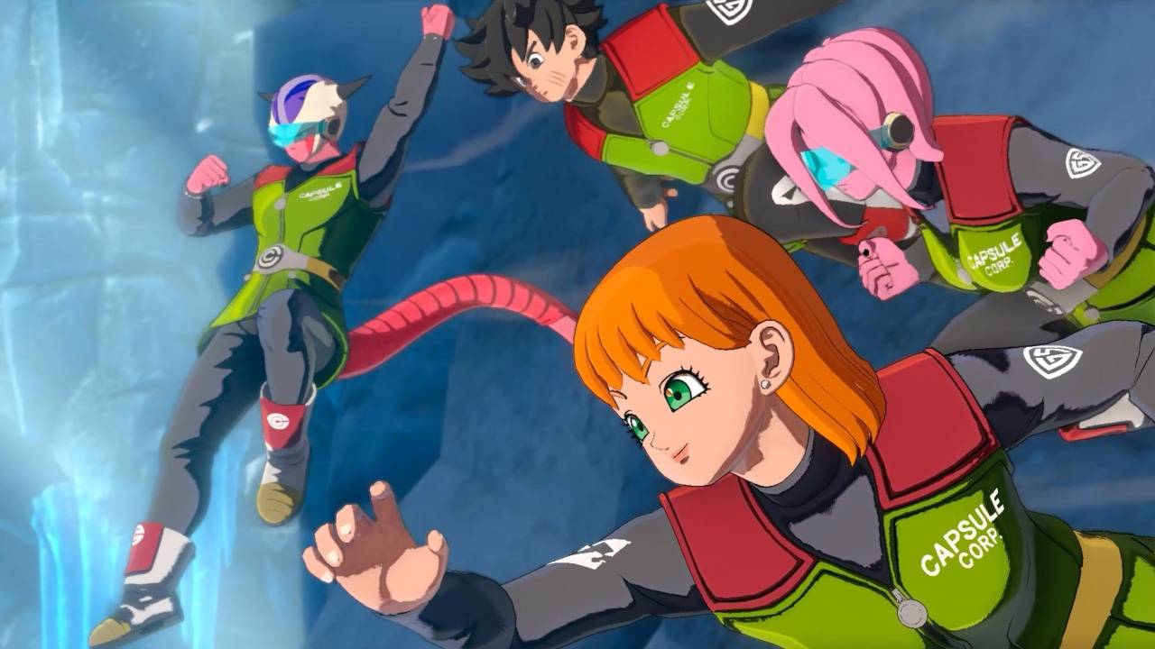 Dragon Ball Xenoverse 3 cutscene showing Capsule Corp team gliding through icy cave environment