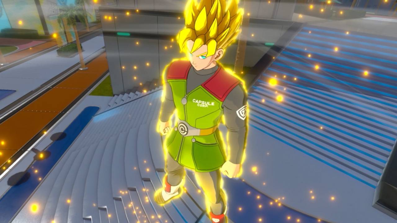 Dragon Ball Xenoverse 3 screenshot of custom character transforming into Super Saiyan on staircase