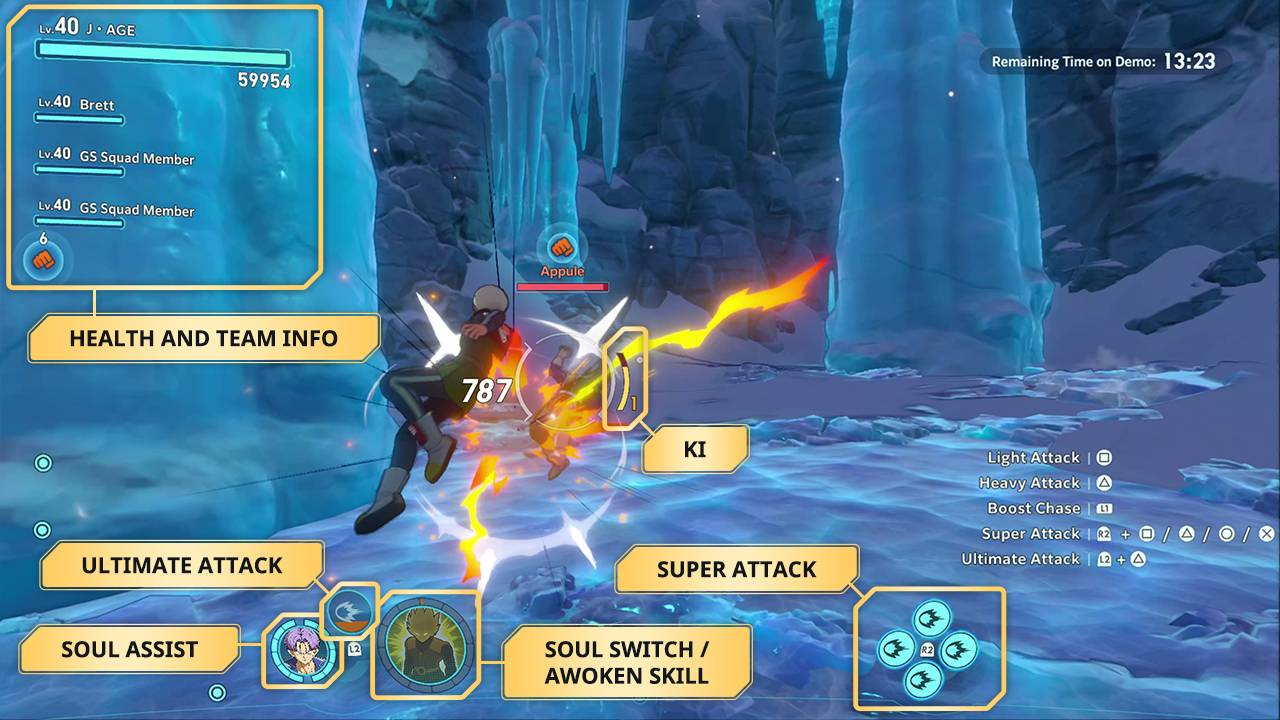 Dragon Ball Xenoverse 3 Spielszene mit HUD-Elementen wie der Ki-Anzeige und den Steuerungsbefehlen für den Superangriff