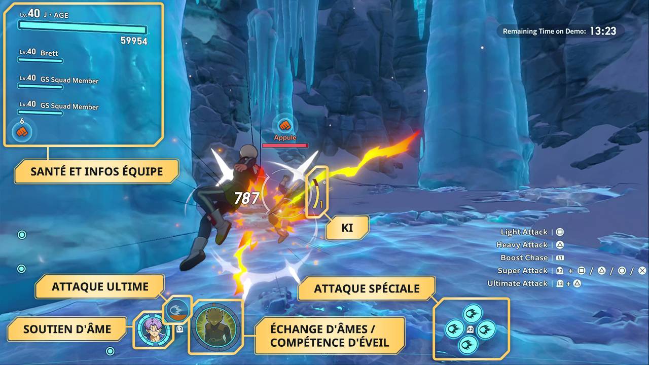 Capture d'écran de Dragon Ball Xenoverse 3 mettant en avant les éléments de l'ATH comme la jauge de Ki et l'Attaque spéciale