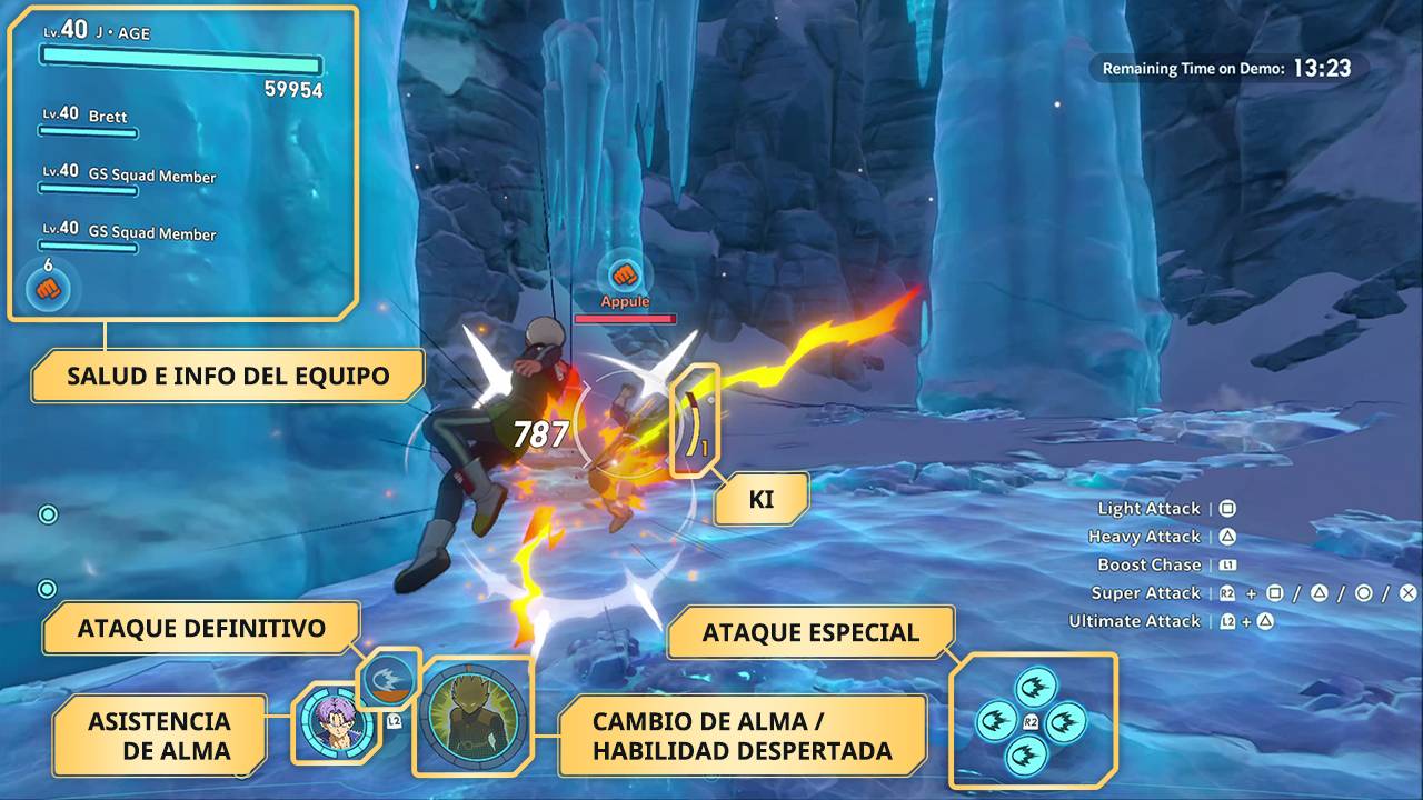 Captura de pantalla del juego Dragon Ball Xenoverse 3 que muestra elementos del HUD como el indicador de Ki y los controles del Ataque Especial