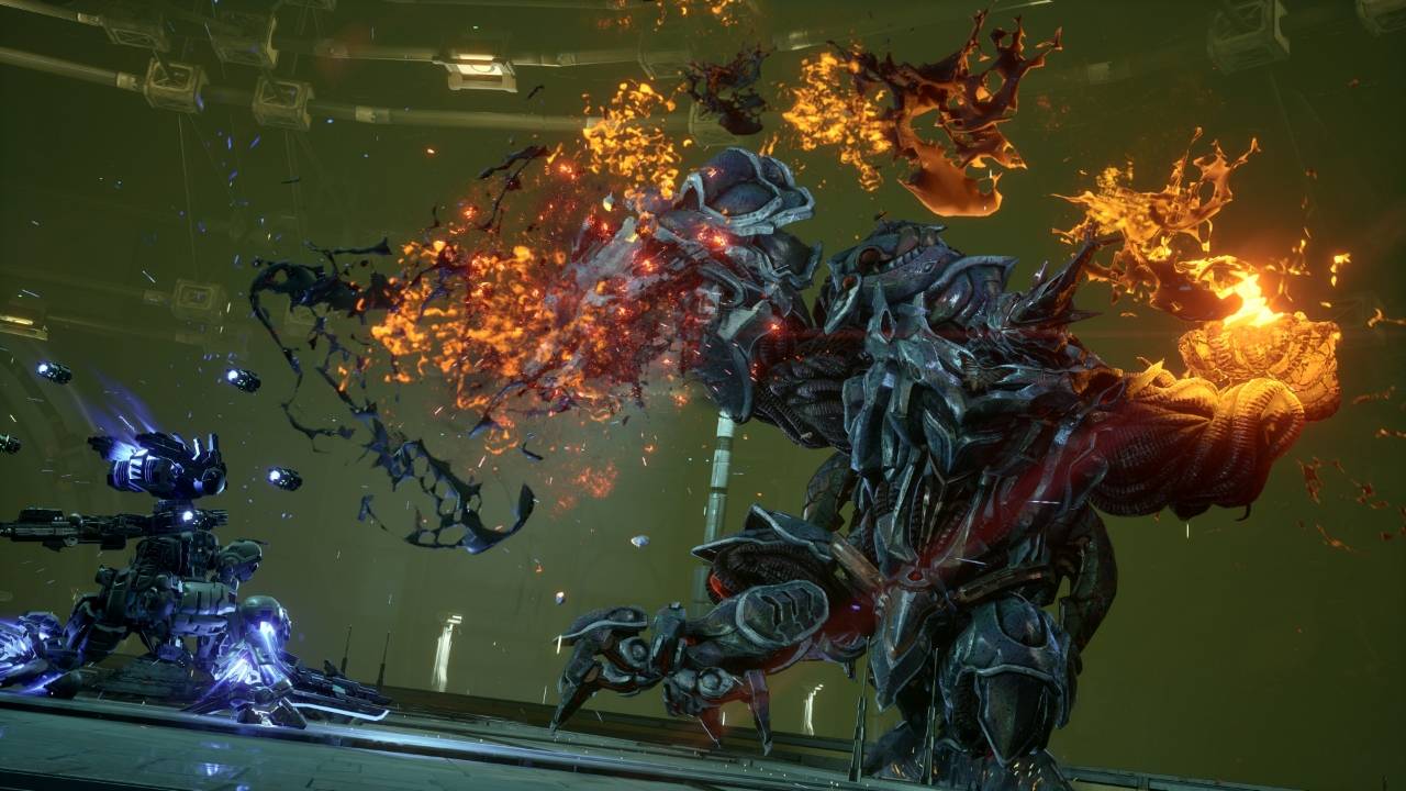 The Release Date Trailer's gameplay shows RE-X's Gundam Helix facing down a towering Apocalypse enemy. Image: Bandai Namco Entertainment.