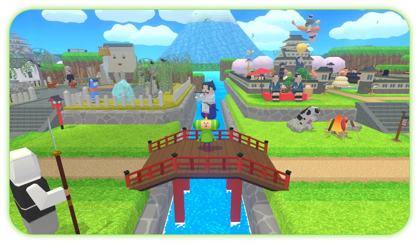 Capture officielle de Once Upon A KATAMARI montrant le Prince dans un décor d’inspiration japonaise, un pont et des objets à ramasser