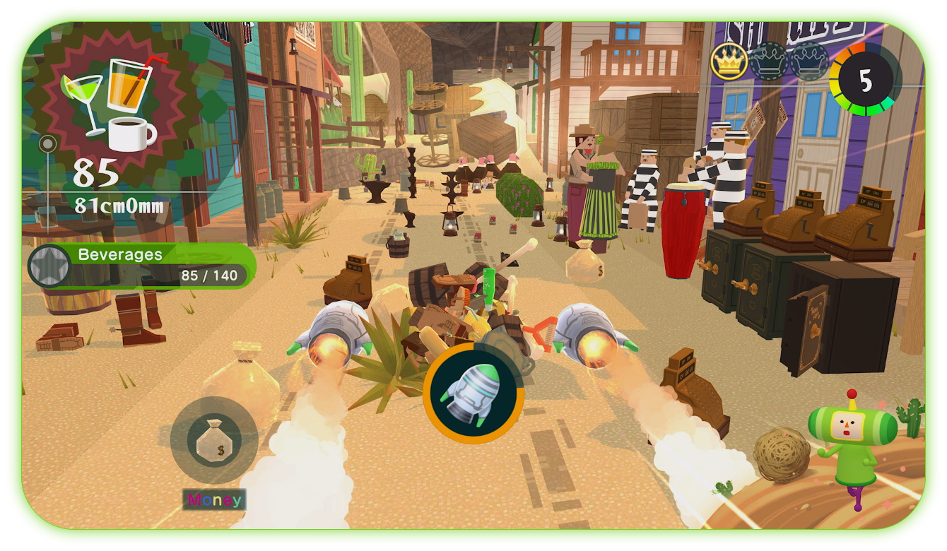 Capture officielle d’une séquence de collecte dans Once Upon A KATAMARI avec objets, jauge de taille et chronomètre